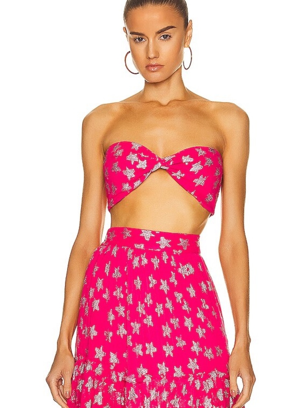 ROCOCO SAND Fuchsia Star Print Strapless Twist Crop Top and Maxi Skirt